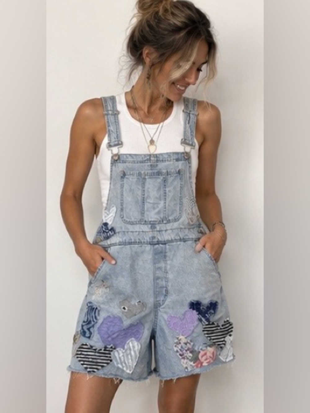 Upcycled GAP Light Wash Denim Short Overalls with Multicolor Heart Patches